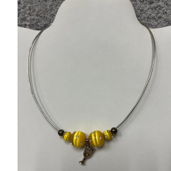 Sterling Silver Omega Chain Yellow Bead Wine Glass Charm Necklace 16" #64325 - Picture 1 of 6